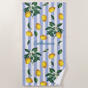 Mediterranean Vintage Lemons Blue Stripes Name Beach Towel