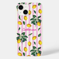 Mediterranean Vintage Lemons Pink Stripes Name