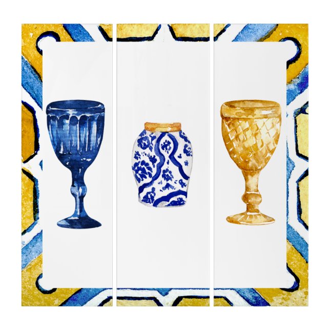 Mediterranean Watercolor Blue & Gold Triptych (Front)