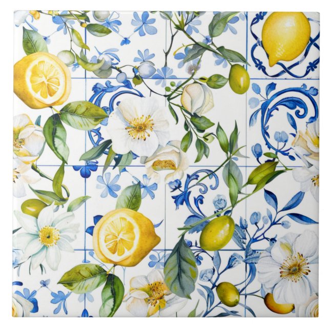Mediterranean Watercolor Blue Pattern and Citrus Ceramic Tile (Front)