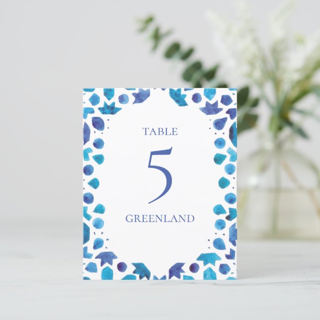 Mediterranean Watercolor Blue Tile Table Name (Standing Front)