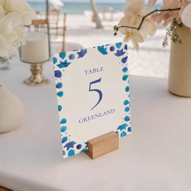 Mediterranean Watercolor Blue Tile Wedding Table Number (Creator Uploaded)