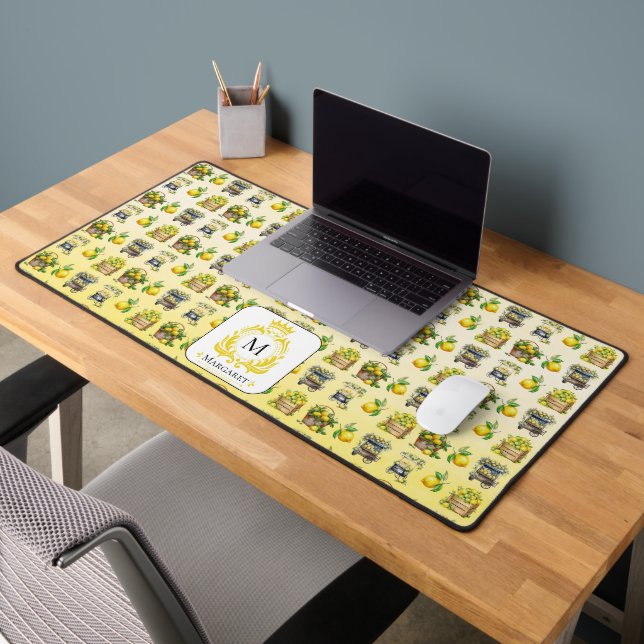 Mediterranean Watercolor Lemon Crested Monogram Desk Mat (Office 2)