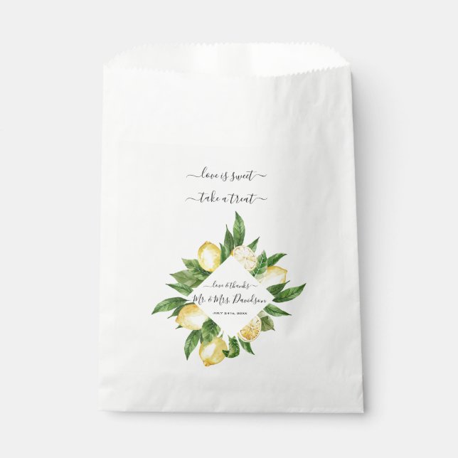 Mediterranean Watercolor Lemon Tropical Wedding Favor Bag (Front)