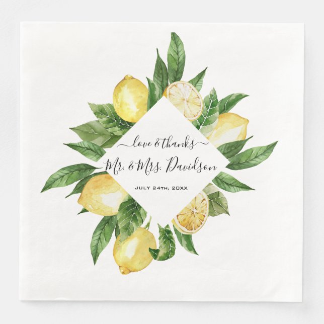 Mediterranean Watercolor Lemon Tropical Wedding Paper Dinner Napkins (Front)