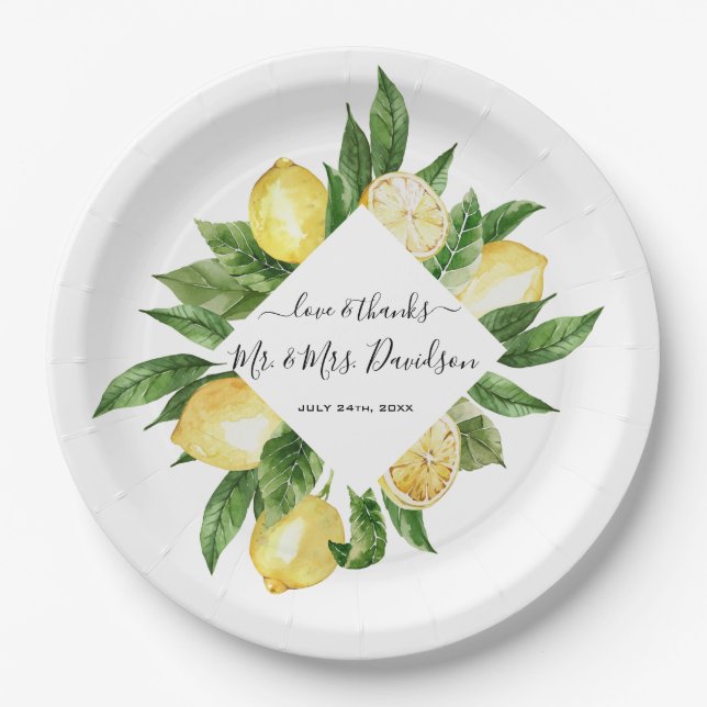 Mediterranean Watercolor Lemon Tropical Wedding Paper Plates (Front)
