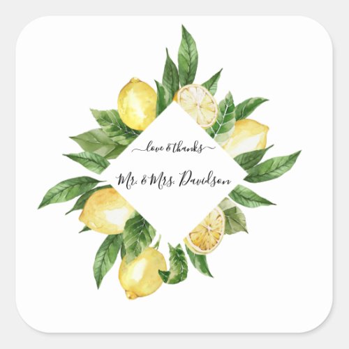 Mediterranean Watercolor Lemon Tropical Wedding Square Sticker