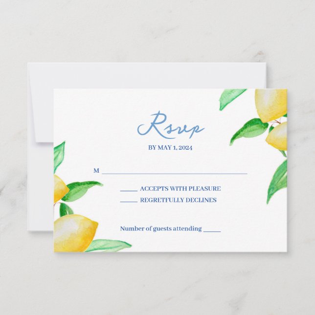 Mediterranean Watercolor Lemon Wedding RSVP card (Front)