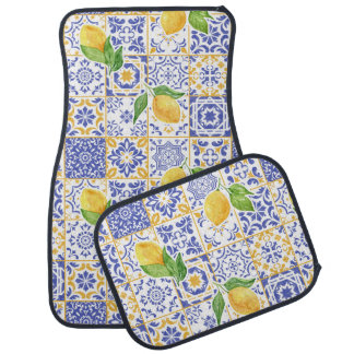 Mediterranean Watercolor Tile Lemon Pattern Car Floor Mat