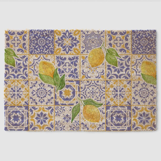 Mediterranean Watercolor Tile Lemon Pattern Fiber Doormat (Front)