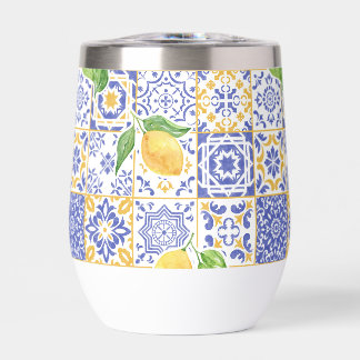 Mediterranean Watercolor Tile Lemon Pattern Thermal Wine Tumbler