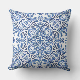 Mediterranean Watercolor Tile Throw Pillow