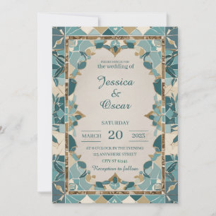Mediterranean Wedding Design – Teal & Gold Mosaic Invitation