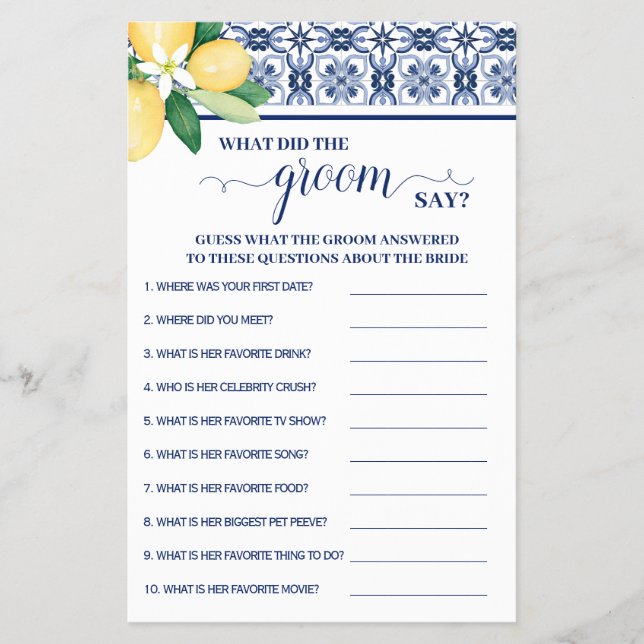 Mediterranean What did Groom Say Shower Game Card Flyer (Front)