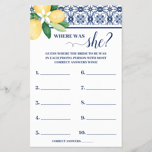 Mediterranean Where was Bride Shower Game Card Flyer (Front)