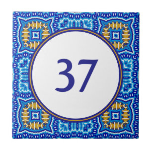 Mediterranean White and Blue House Number Plaque Ceramic Tile
