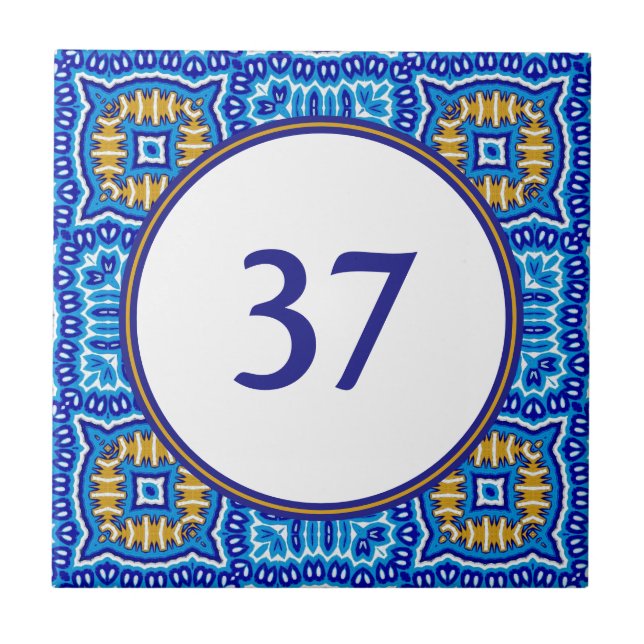   Mediterranean White and Blue House Number Plaque Ceramic Tile (Front)