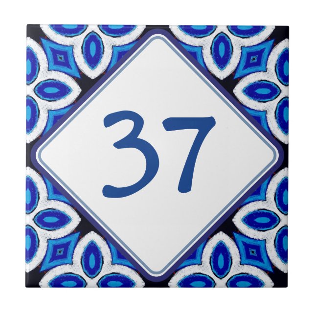   Mediterranean White and Blue House Number Plaque Ceramic Tile (Front)