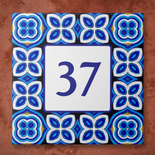 Mediterranean White and Blue House Number Plaque Ceramic Tile