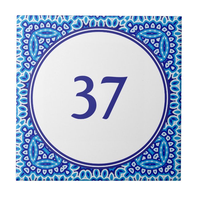   Mediterranean White and Blue House Number Plaque Ceramic Tile (Front)