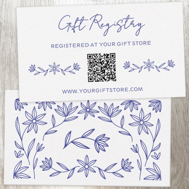 Mediterranean Wildflower Gift Registry QR Code Enclosure Card (Mediterranean wildflower blue white line art QR code gift registry enclosure card)