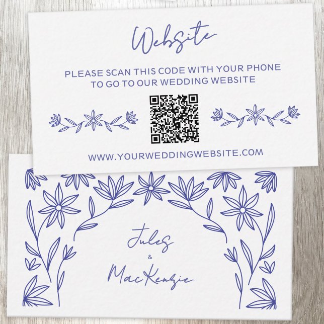 Mediterranean Wildflower Wedding Website QR Code Enclosure Card (Mediterranean blue and white wildflower line art wedding website QR code enclosure card)