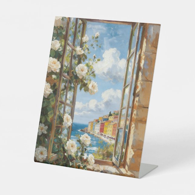 Mediterranean Window Roses Art Card Pedestal Sign (Front)