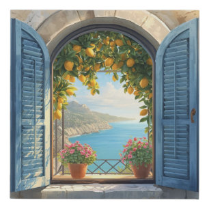 Mediterranean window view frame Coast Lemon Balcon Faux Canvas Print