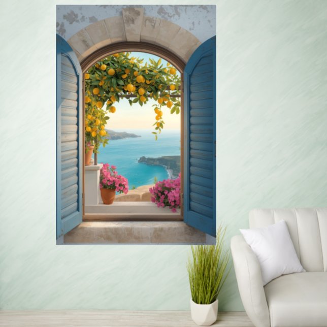 Mediterranean window view frame - coastal lemon wall decal  (Living Room)