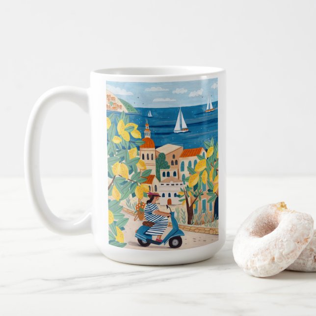 Mediterranean Woman Scooter Illustration Coffee Mug (With Donut)