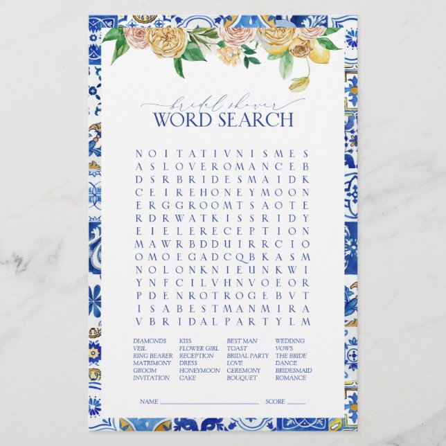 Mediterranean Word Search Bridal Shower Game (Front)