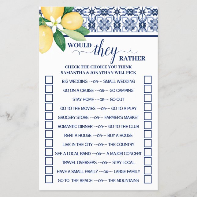 Mediterranean Would They Rather Shower Game Card Flyer (Front)