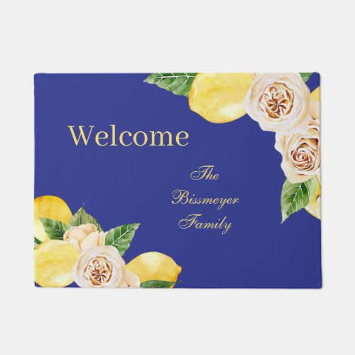 Mediterranean Yellow  Blue Floral Lemons Doormat