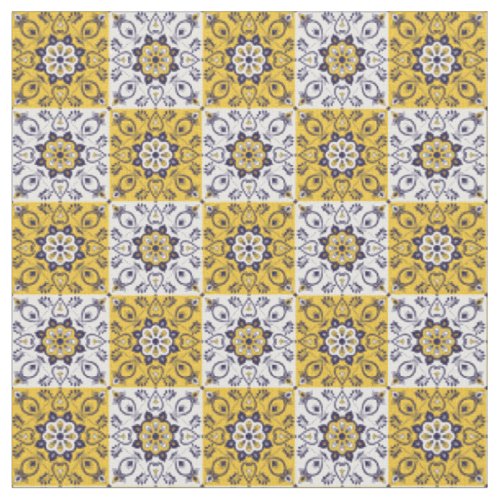 Mediterranean Yellow & Blue Floral Tile Fabric
