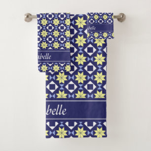 Mediterranean Yellow Blue Floral Tile Pattern Name Bath Towel Set