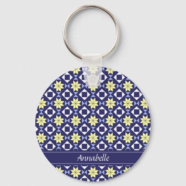 Mediterranean Yellow Blue Floral Tile Pattern Name Keychain (Front)