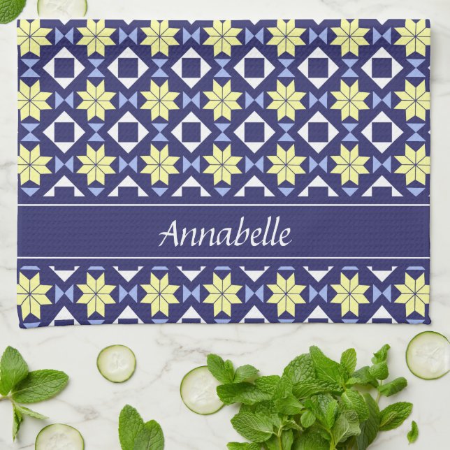 Mediterranean Yellow Blue Floral Tile Pattern Name Kitchen Towel (Folded)