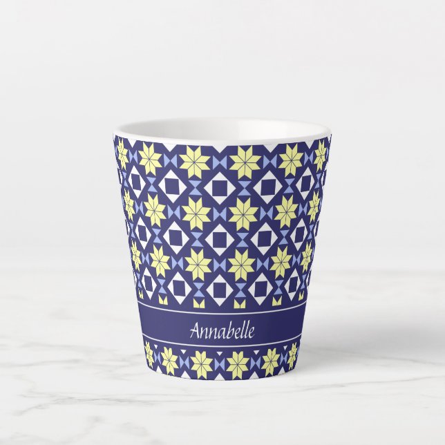 Mediterranean Yellow Blue Floral Tile Pattern Name Latte Mug (Front)