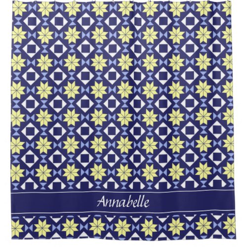 Mediterranean Yellow Blue Floral Tile Pattern Name Shower Curtain