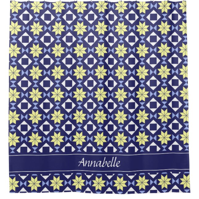 Mediterranean Yellow Blue Floral Tile Pattern Name Shower Curtain (Front)