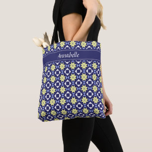 Mediterranean Yellow Blue Floral Tile Pattern Name Tote Bag