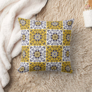 Mediterranean Yellow & Blue Floral Tile Throw Pillow