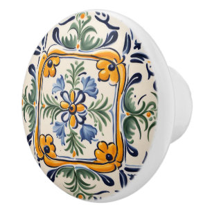 Mediterranean Yellow & Blue Flower Folk Art Floral Ceramic Knob