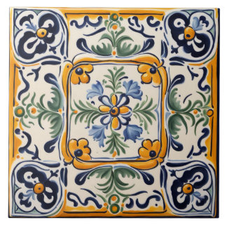 Mediterranean Yellow & Blue Flower Folk Art Floral Ceramic Tile