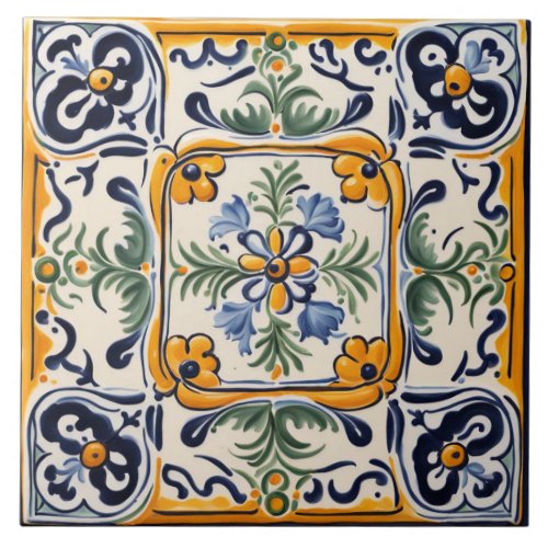 Mediterranean Yellow  Blue Flower Folk Art Floral Ceramic Tile