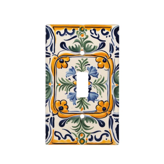 Mediterranean Yellow & Blue Flower Folk Art Floral Light Switch Cover (Front)
