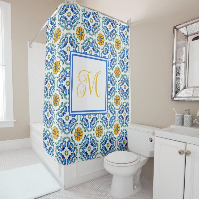 Mediterranean Yellow Blue Monogram Shower Curtain (In Situ)