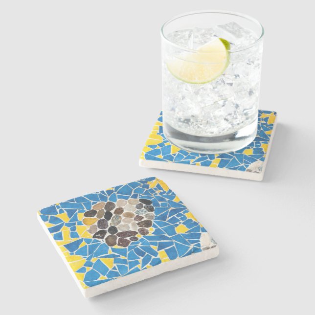 Mediterranean Yellow Blue Tile Pieces Mosaic Stone Coaster (Side)