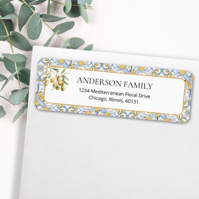 Mediterranean Yellow Blue Tile Return Address Label (In situ)