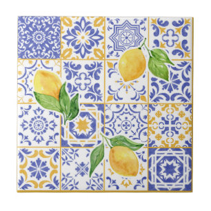 Mediterranean Yellow Blue Watercolor Lemon Pattern Ceramic Tile